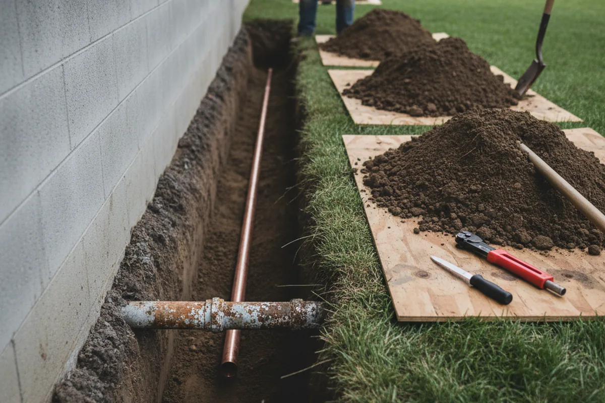 Excavated water line trench during Water Heater Repair in Notasulga